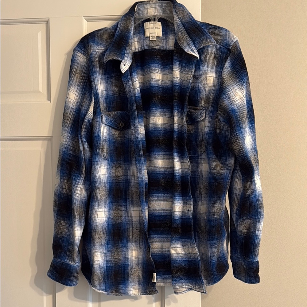 American Eagle Outfitters Navy and White Thick Cotton Checkered Shirt